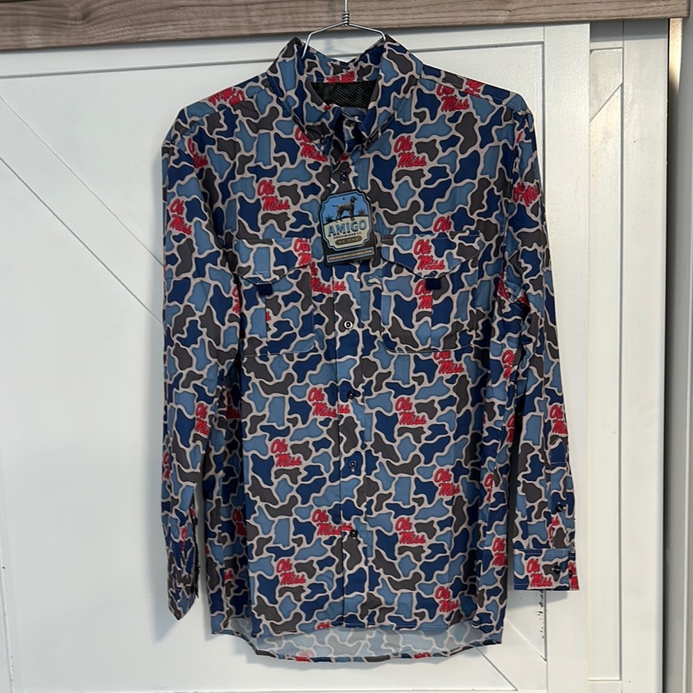 Ole Miss Duck Camo Blue & Red Duck Camo Performance Button-Down Field Shirt